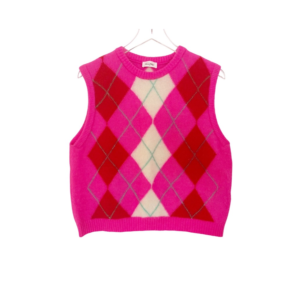 American Vintage Alpaca Blend Vitow Argyle Sweater Vest Pink Medium - Picture 6 of 10